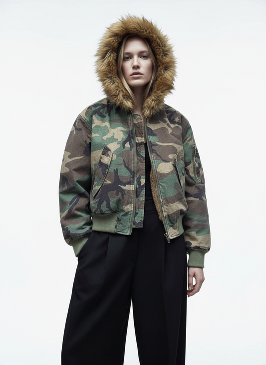 Camouflage Fur Collar Reversible Cotton Jacket - 2499