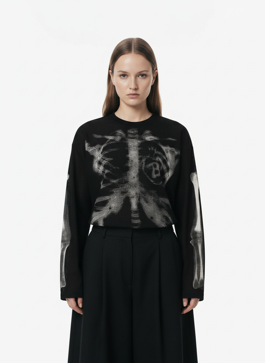 Skeleton Graphic Waffle Sweatshirt – Spooky Halloween Vibes - 2495