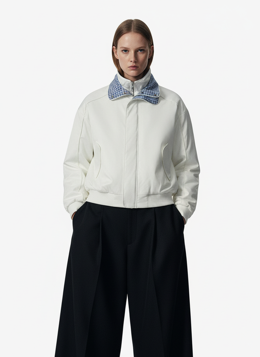 Retro Layered Look Plaid Collar Padded Jacket