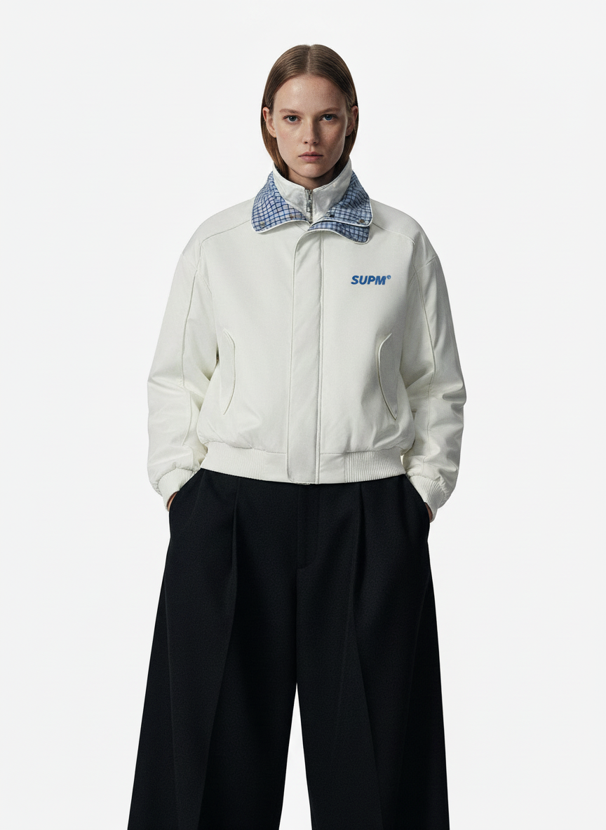 Retro Layered Look Plaid Collar Padded Jacket