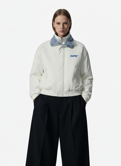 Retro Layered Look Plaid Collar Padded Jacket