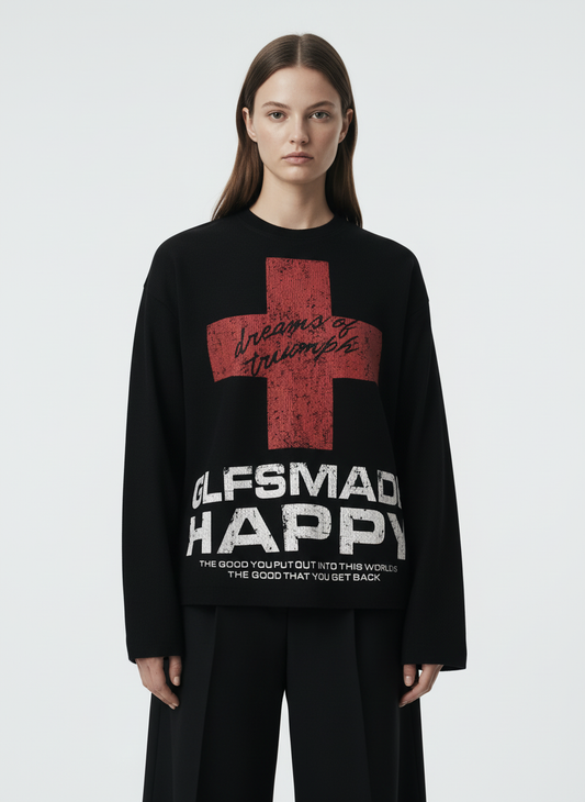 Street Cross Lettering Print Long-Sleeved T-Shirt