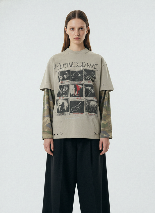 Jersey Distressed Camouflage Faux Two-Piece Graphic T-Shirt - 2420