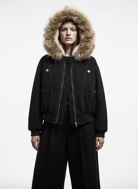 Faux Fur Lined Zip Up Hooded Bomber Jacket