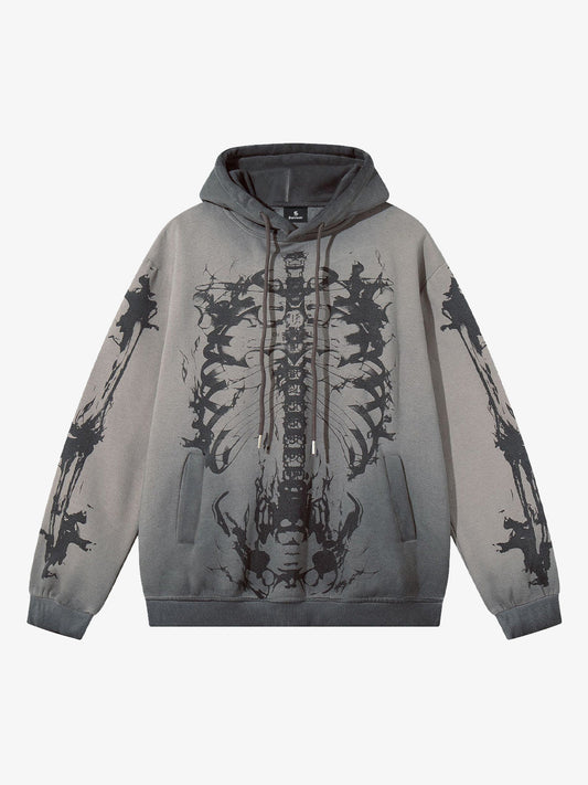 Street Washed Distressed Dark Skeletons Print Hoodie 