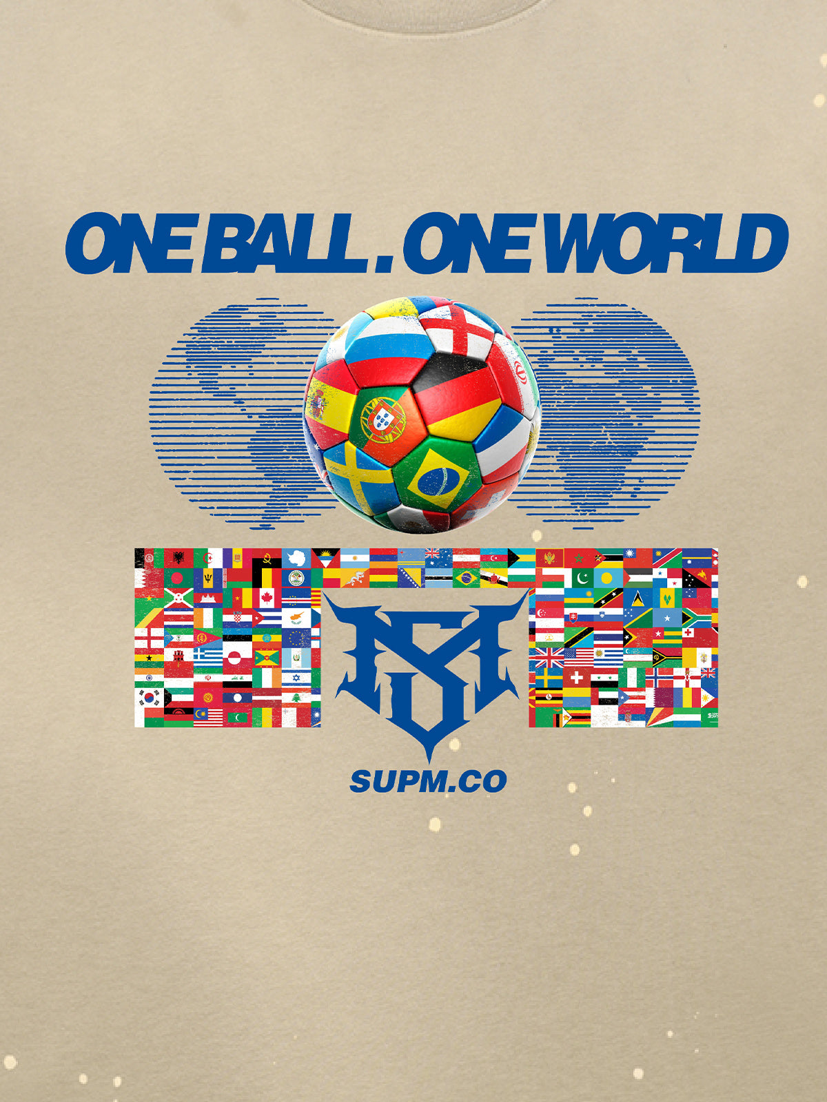 Unisex distressed loose-fitting cotton short-sleeved T-shirts featuring a "One ball, one world" slogan print and an ink-splatter wash finish. 