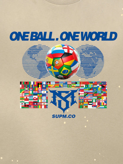 Unisex distressed loose-fitting cotton short-sleeved T-shirts featuring a "One ball, one world" slogan print and an ink-splatter wash finish. 