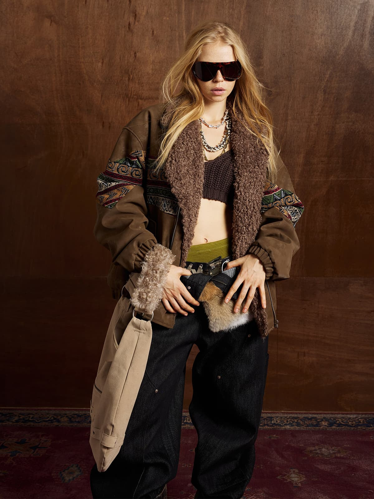 Thesupermade Webbing Stitching Leather And Lambskin Cotton Coat 