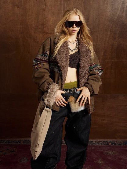 Thesupermade Webbing Stitching Leather And Lambskin Cotton Coat 