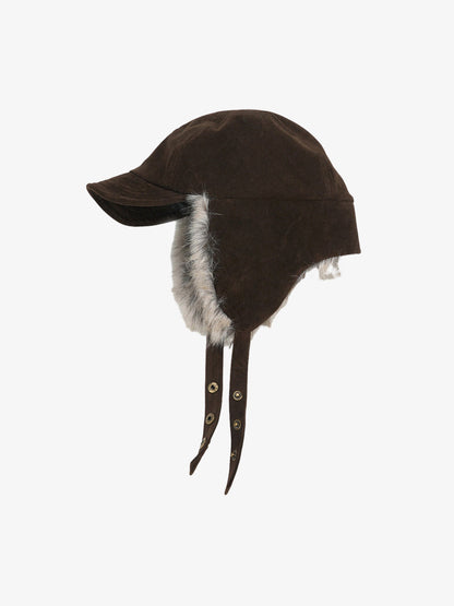 Faux Fur Lined Brown Suede Winter Hat with Ear Flaps?