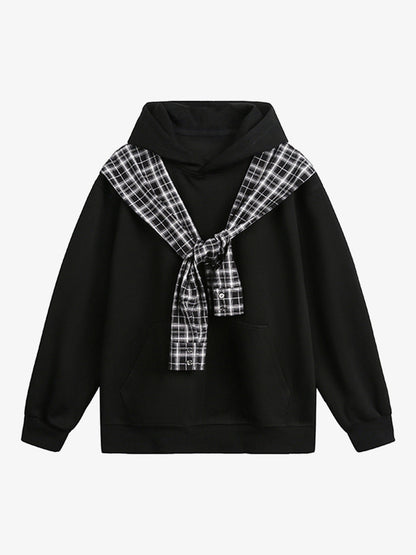 Stylish Plaid-Trimmed Hoodie with Sailor Collar Design for Women 