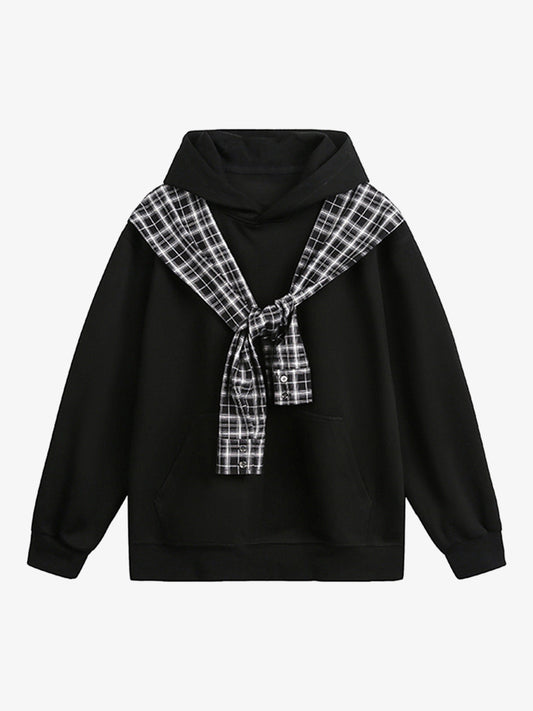 Stylish Plaid-Trimmed Hoodie with Sailor Collar Design for Women 