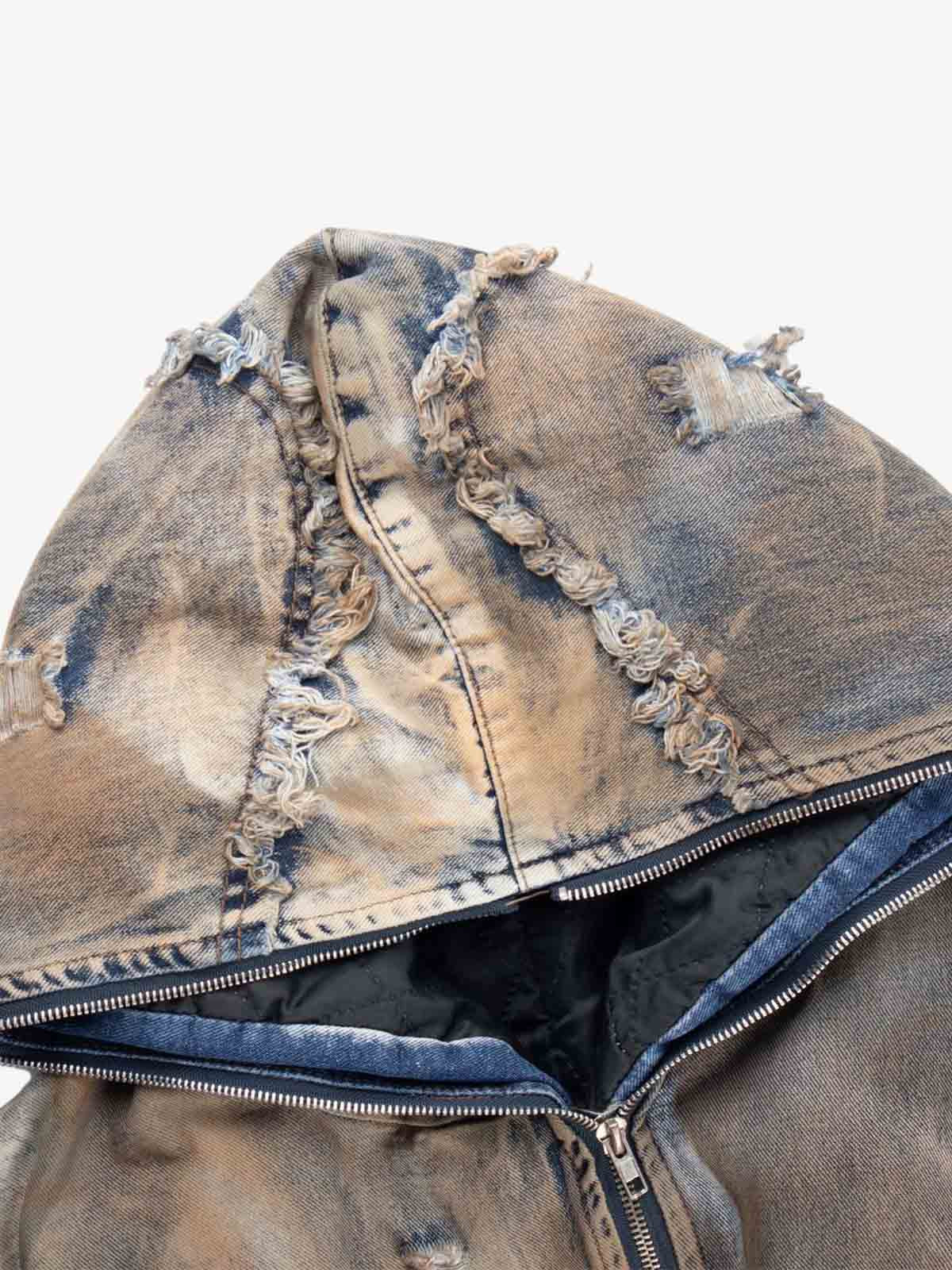 Distressed Mud-Dyed Frayed Edge Denim Bomber Jacket 