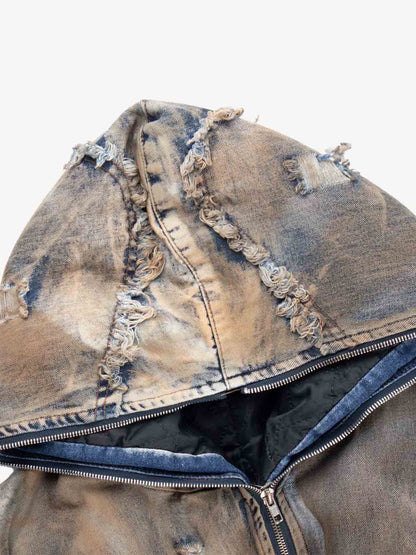 Distressed Mud-Dyed Frayed Edge Denim Bomber Jacket 
