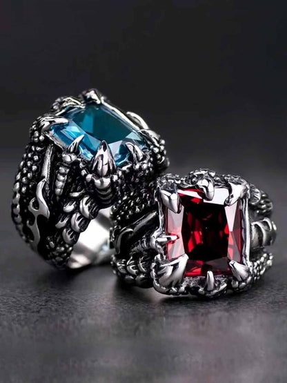 Sterling Silver Dragon Claw Ring with Red and Blue Gemstone, Gothic Statement Jewelry for Men and Women 