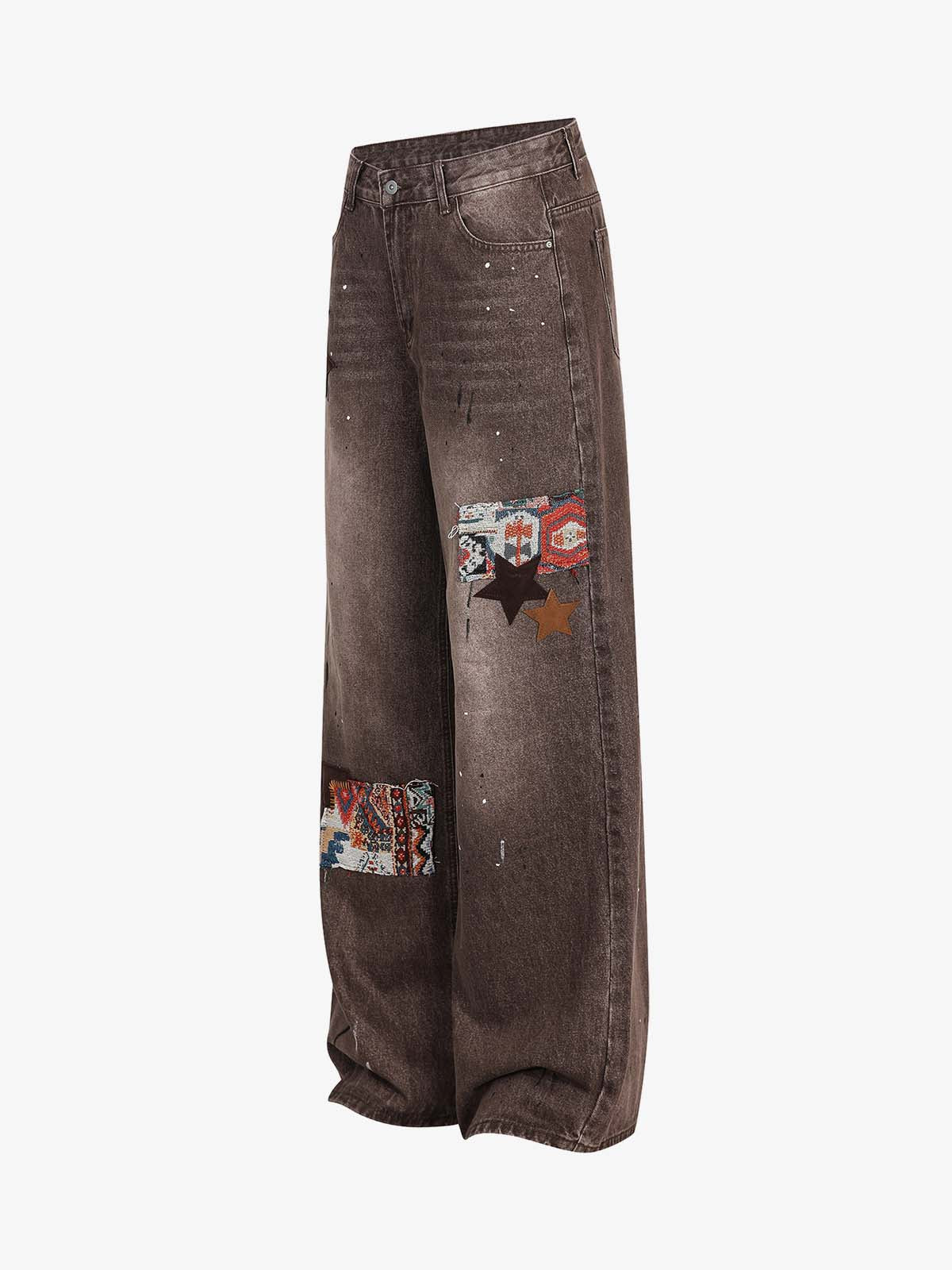 Retro Patchwork Washed Wide Leg Denim Jeans