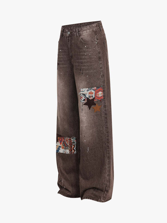 Retro Patchwork Washed Wide Leg Denim Jeans