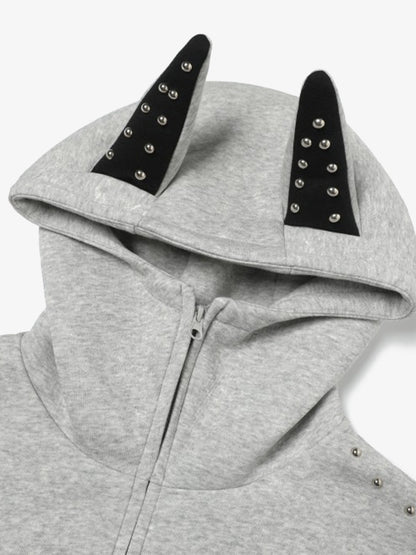 Dark Street Style Cat Ear Studded Zip-Up Hoodie