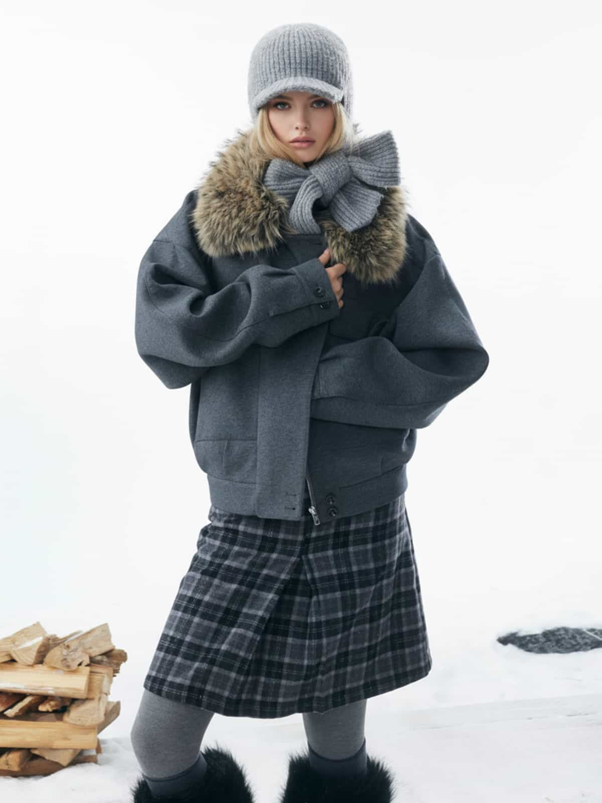 Winter Essential Bomber Jacket with Faux Fur Trimmed Hood 