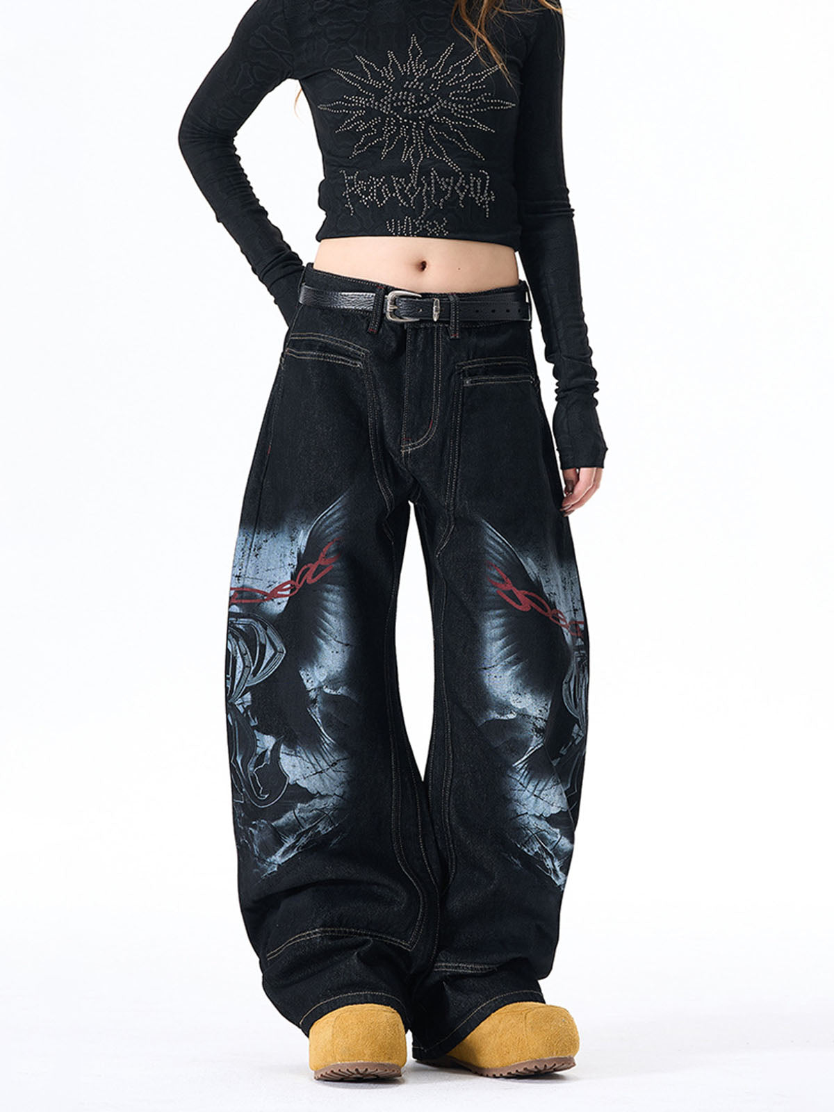 Dark Gothic Graphic Wide-Leg Jeans 