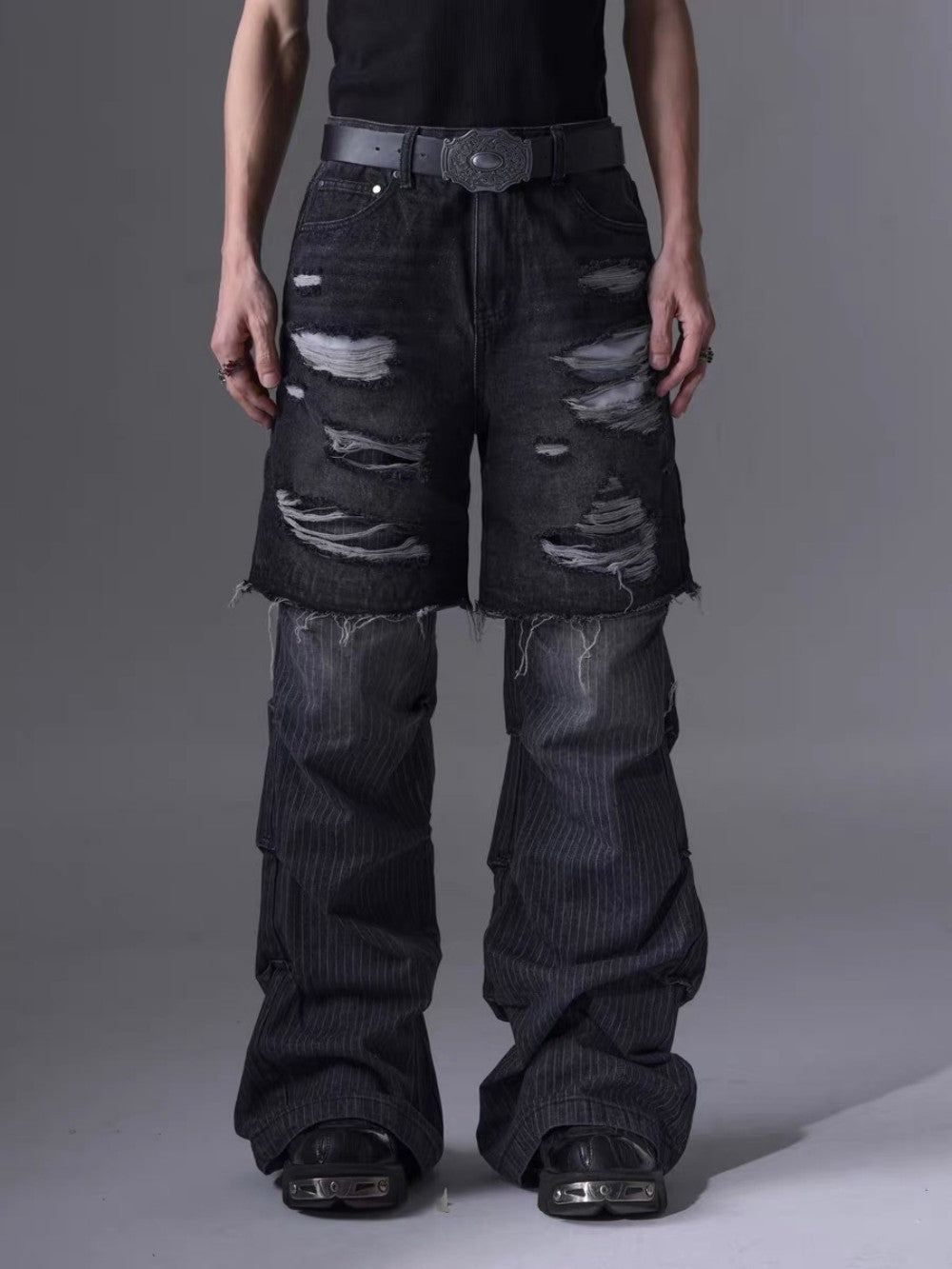 Denim Ripped Layered Flare Pants with Distressed Details 