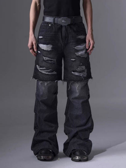 Denim Ripped Layered Flare Pants with Distressed Details 