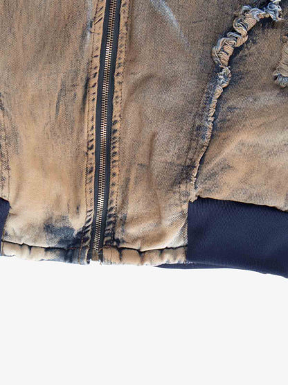 Distressed Mud-Dyed Frayed Edge Denim Bomber Jacket 