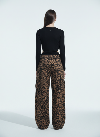 Retro Leopard Print Pleated Pocket Casual Pants