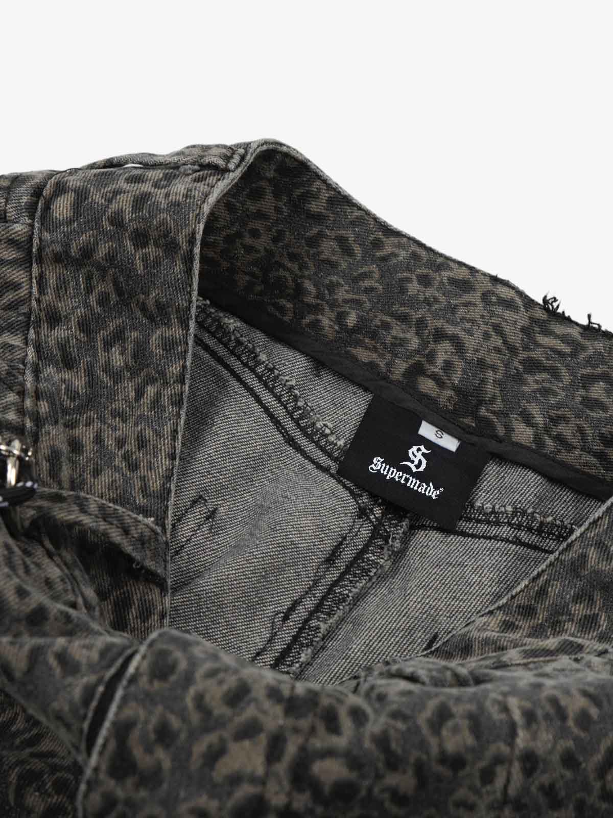 Cotton Leopard Print High-Waisted Wide-Leg Pants with Pleated Design and Decorative Tassel 