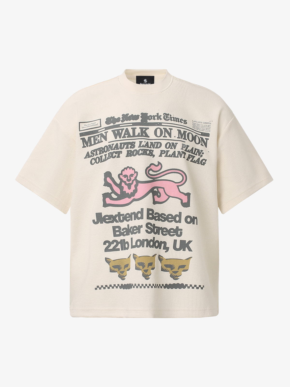 Cotton Waffle Knit Graphic T-Shirt with Moon Landing Print and Lion Design?