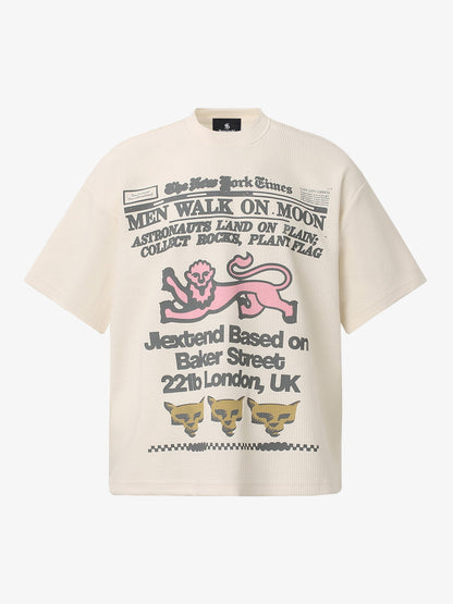 Cotton Waffle Knit Graphic T-Shirt with Moon Landing Print and Lion Design?