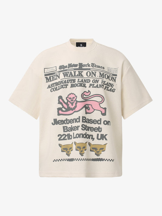 Cotton Waffle Knit Graphic T-Shirt with Moon Landing Print and Lion Design?