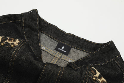 Denim Wide-Leg Trousers with Leopard Patch Detailing?