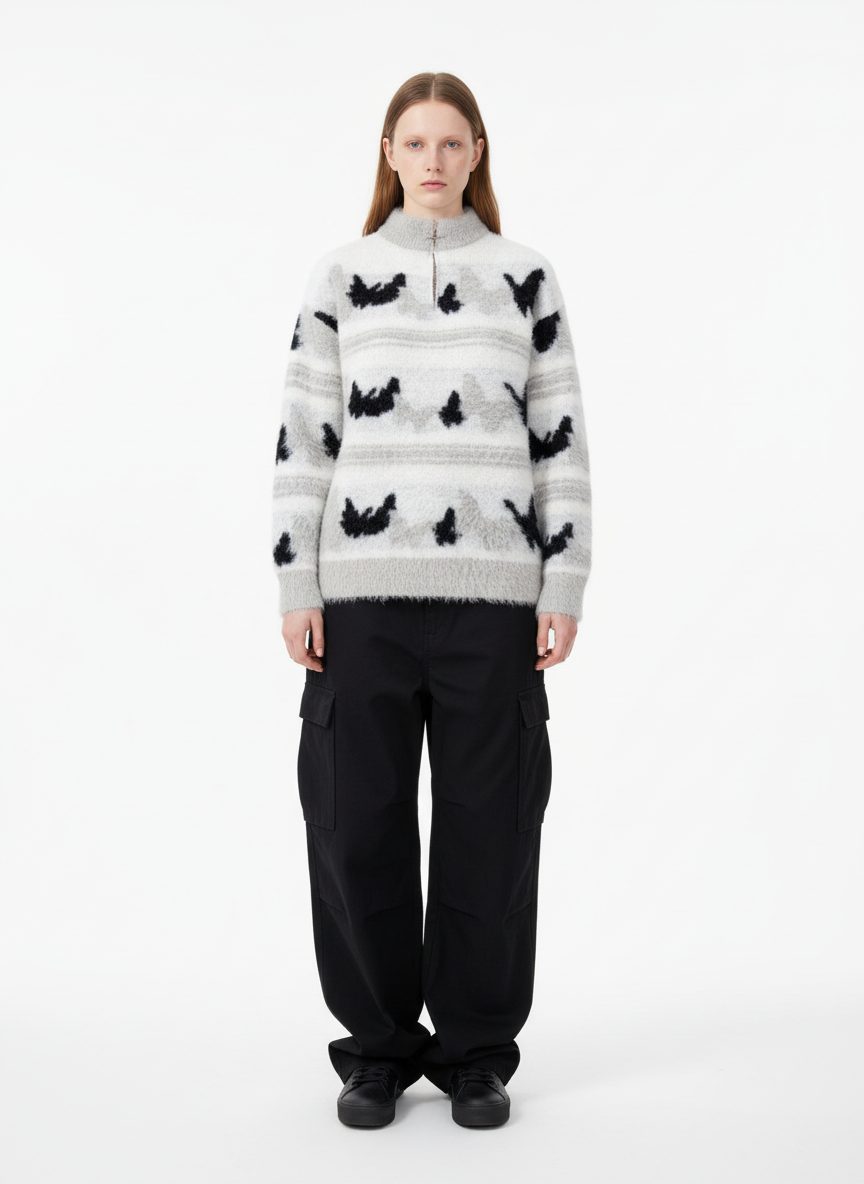 Contrast Stripe Butterfly Jacquard Half-zip Sweater