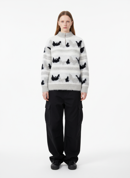 Contrast Stripe Butterfly Jacquard Half-zip Sweater