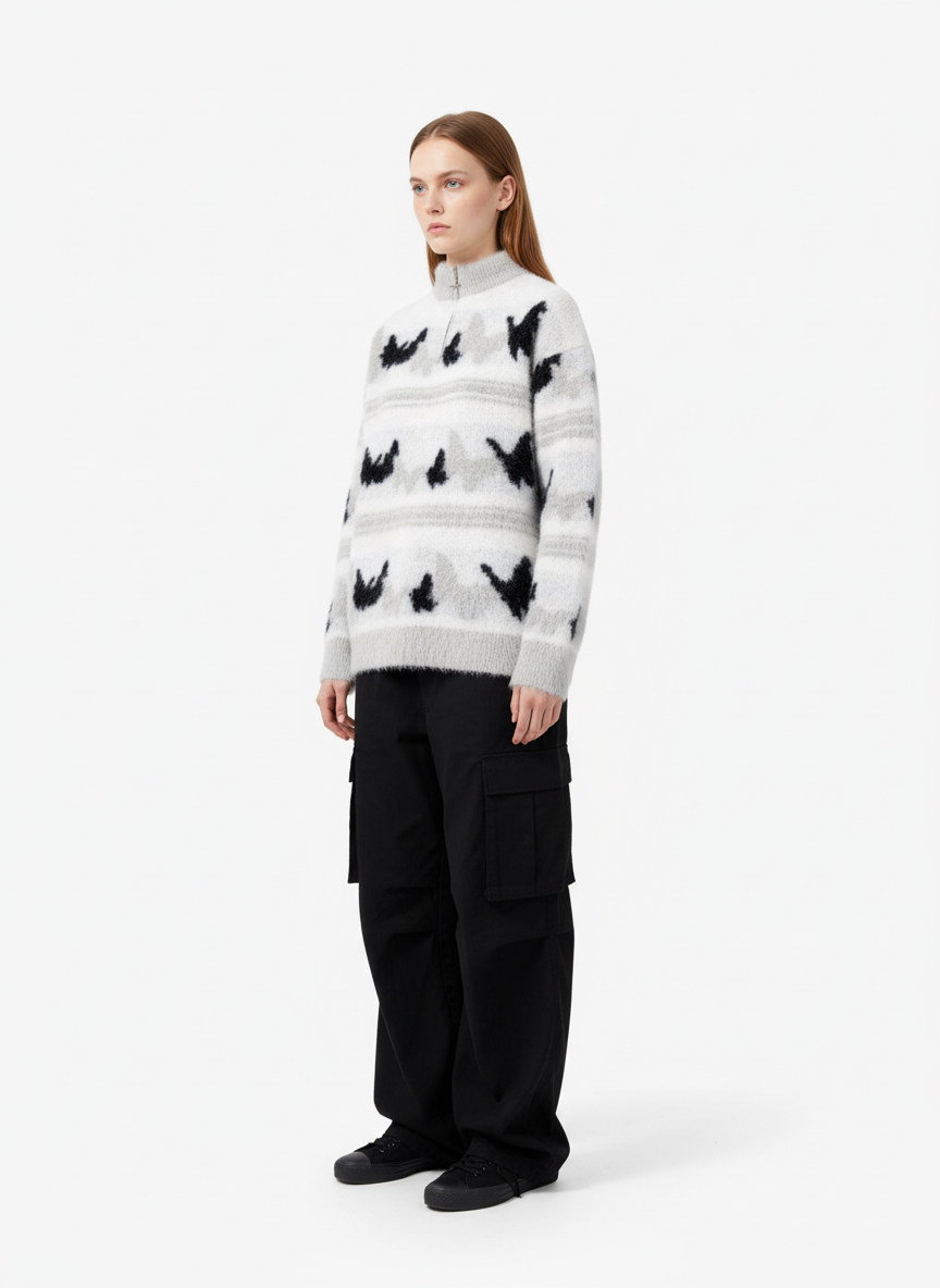 Contrast Stripe Butterfly Jacquard Half-zip Sweater