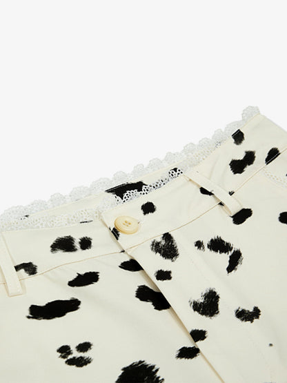 Cotton Blend Cow Print Wide Leg Trousers with Lace Trim?