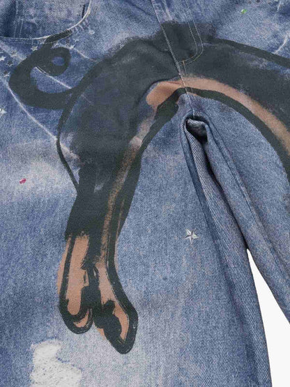 Retro Dachshund 3D Print Washed Distressed Jeans 