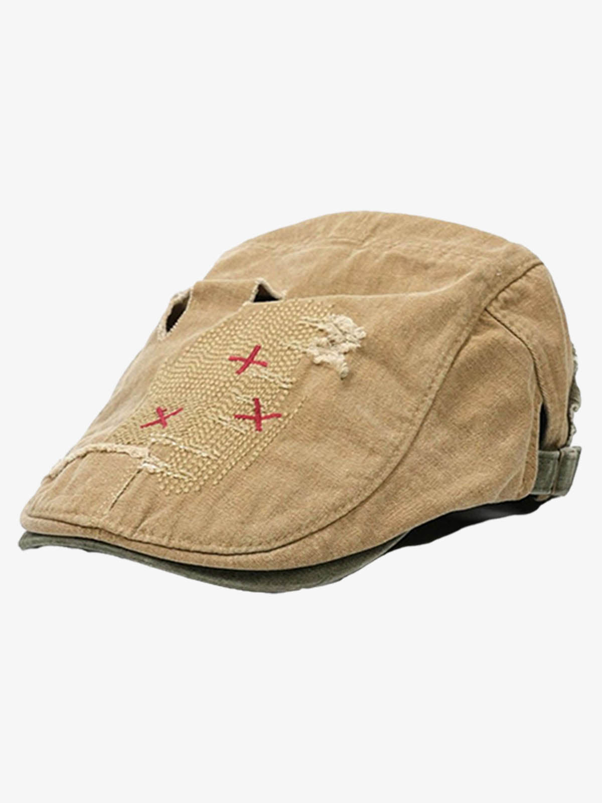 Cotton Denim Patchwork Flat Cap with Embroidered Red Panel and Distressed Details?