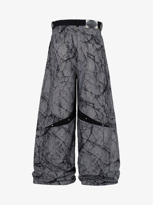 Cotton Blend Wide Leg Pants with Cracked Print and Black Panel Details?