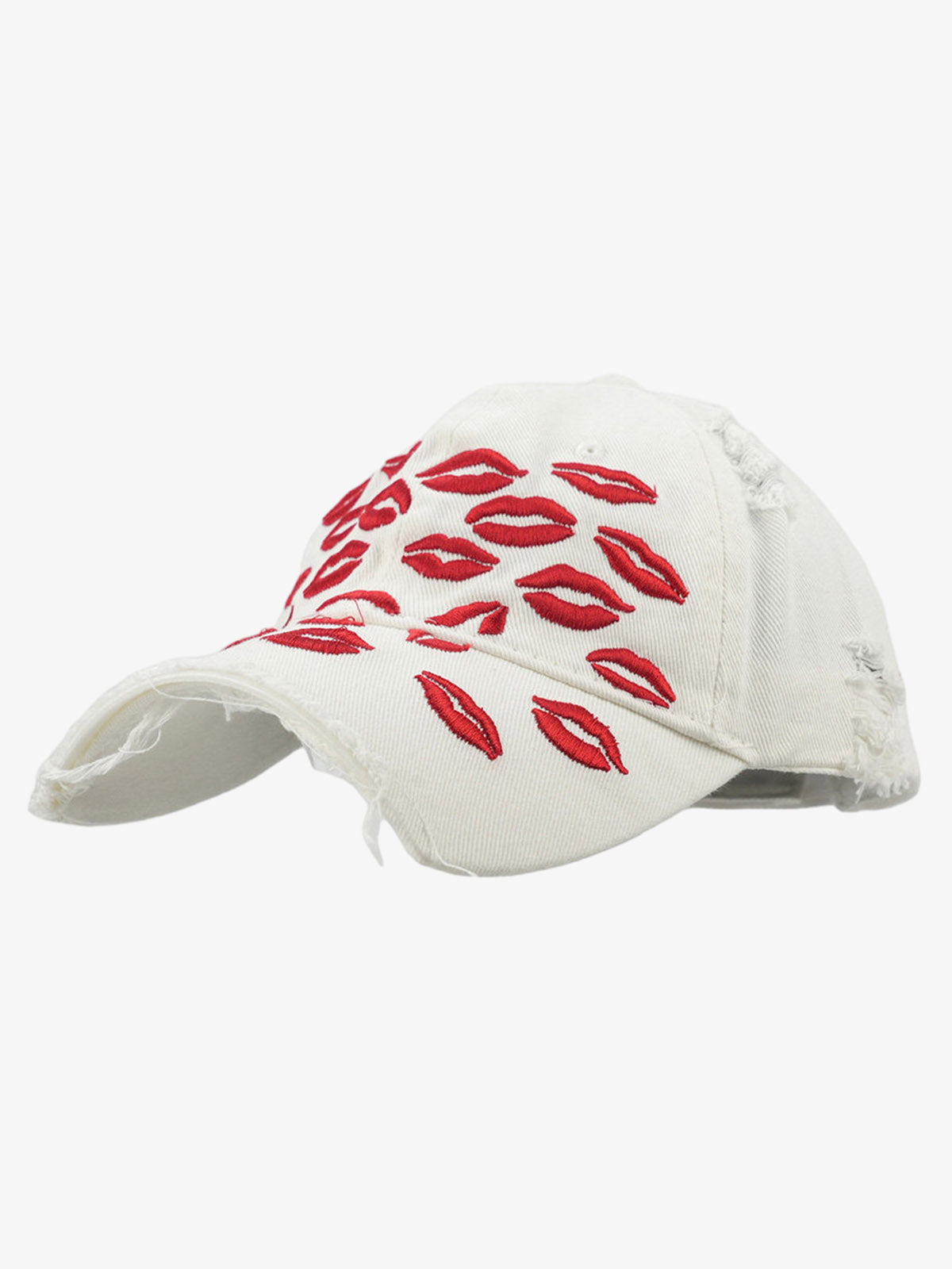 Cotton Distressed Baseball Cap with Red Lip Embroidery - Vintage Style Women's Hat?