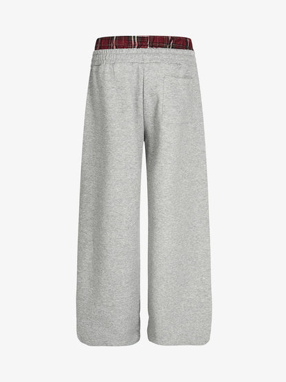 Wide-Leg Lounge Pants with Plaid Waistband and Stylish Lettering 