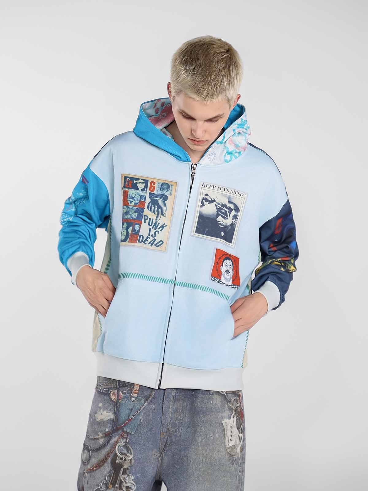 Stylish Graphic Hoodie with Unique Patchwork Design for Men