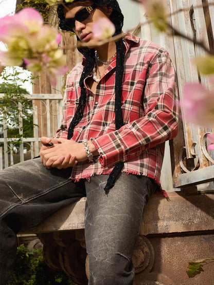 Cotton Plaid Shirt with Paint Splatter Design, Distressed Hem and Pockets, Casual Men's Long Sleeve Button-Up Jacket 