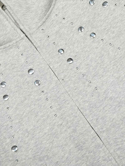 Cotton Blend Rhinestone Embellished Hoodie Jacket for Women - Zip-Up Crop Top with Pockets 