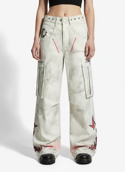 Vintage Dirty-Dyed Washed Wide-Leg Cargo Pants