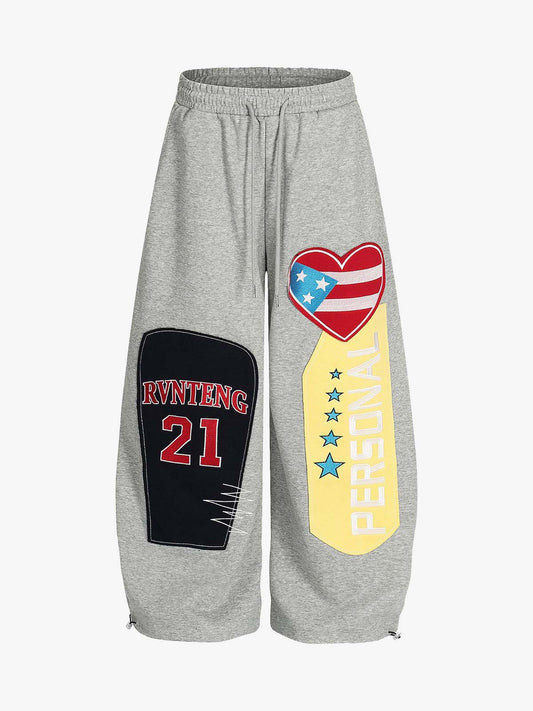 Stylish Wide-Leg Sweatpants with Patriotic Heart and Number Patch Design 
