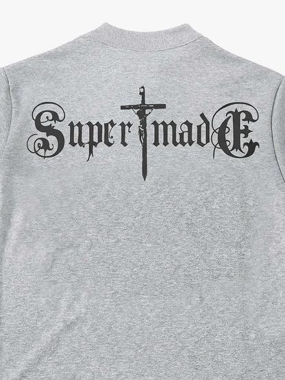 Cotton blend loose-fitting stand-up collar button-front short-sleeved T-shirt with anti-war print. 