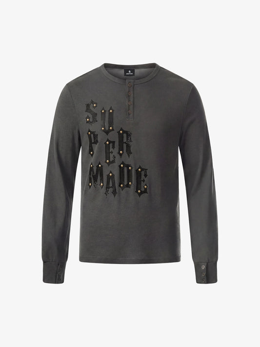 Cotton Long Sleeve Henley Shirt with Supermade Graphic Print?