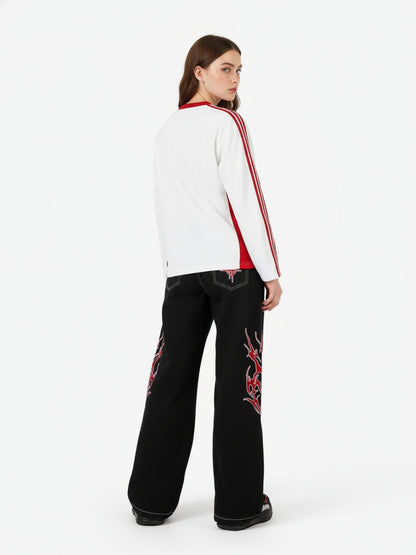 Contrast Flame Embroidered Baggy Jeans - 2364